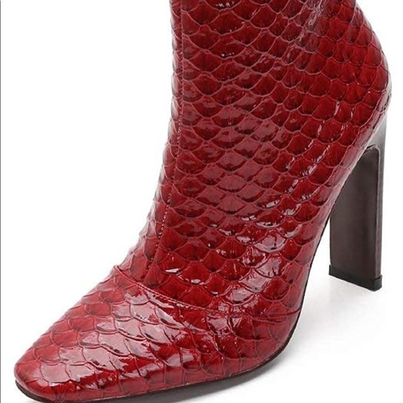 Red Patent Leather Square Toe High Heel Boots - Picture 5 of 13